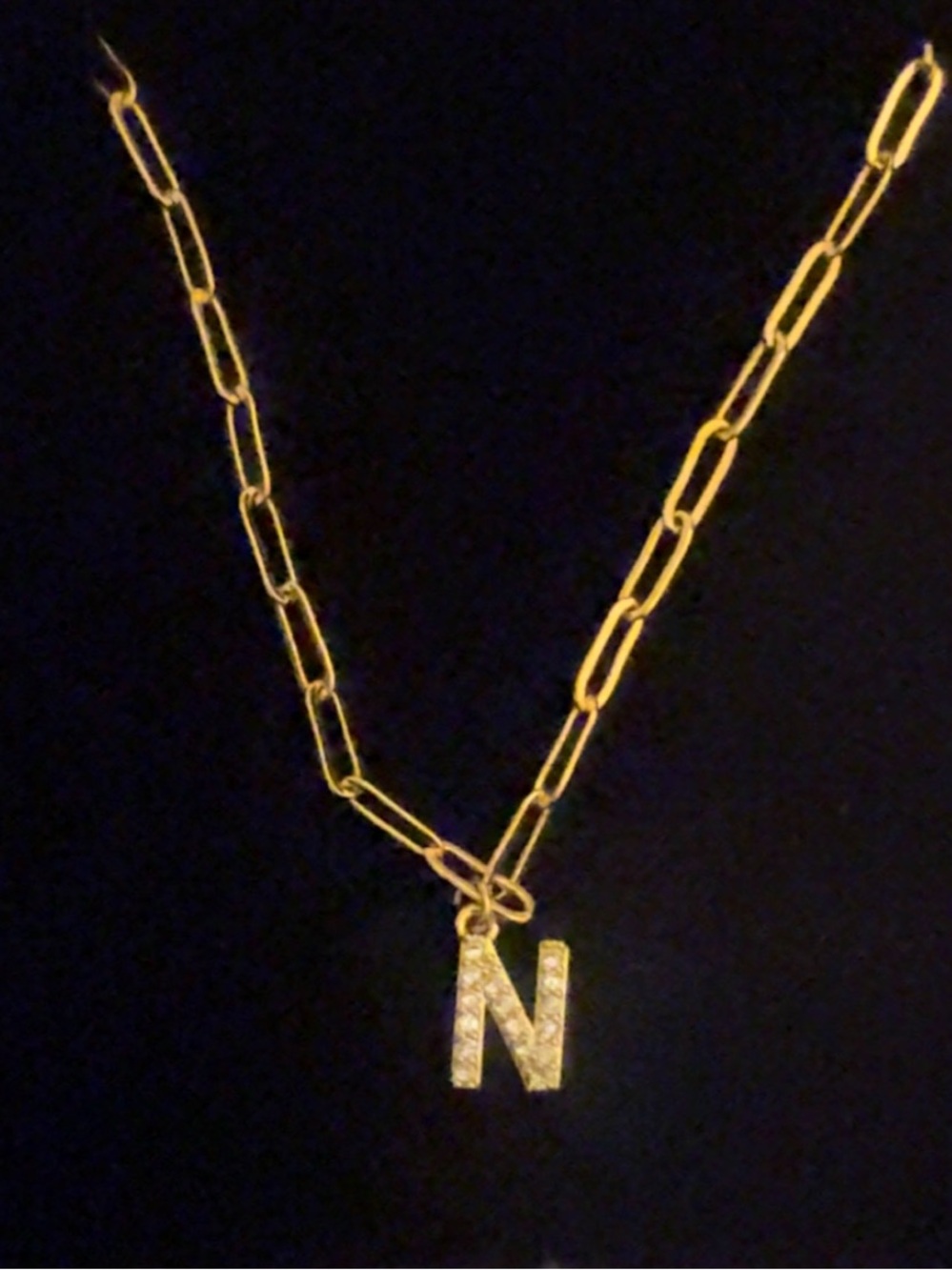 Gold Initial 'N' Pendant Necklace - Gold Letter Charm on paperclip chain